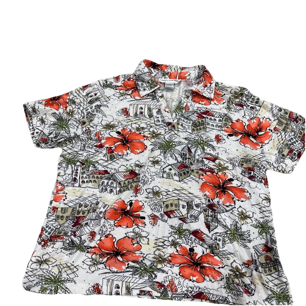 Cathy Daniels Floral Village Blouse Henley Button Down Short Sleeve Size L